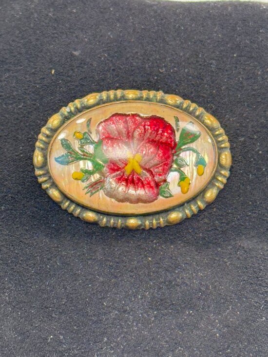Unsigned Jewelry - Antique Reverse Painted Pansy Glass Brooch Essex Crystal Style Floral Pin